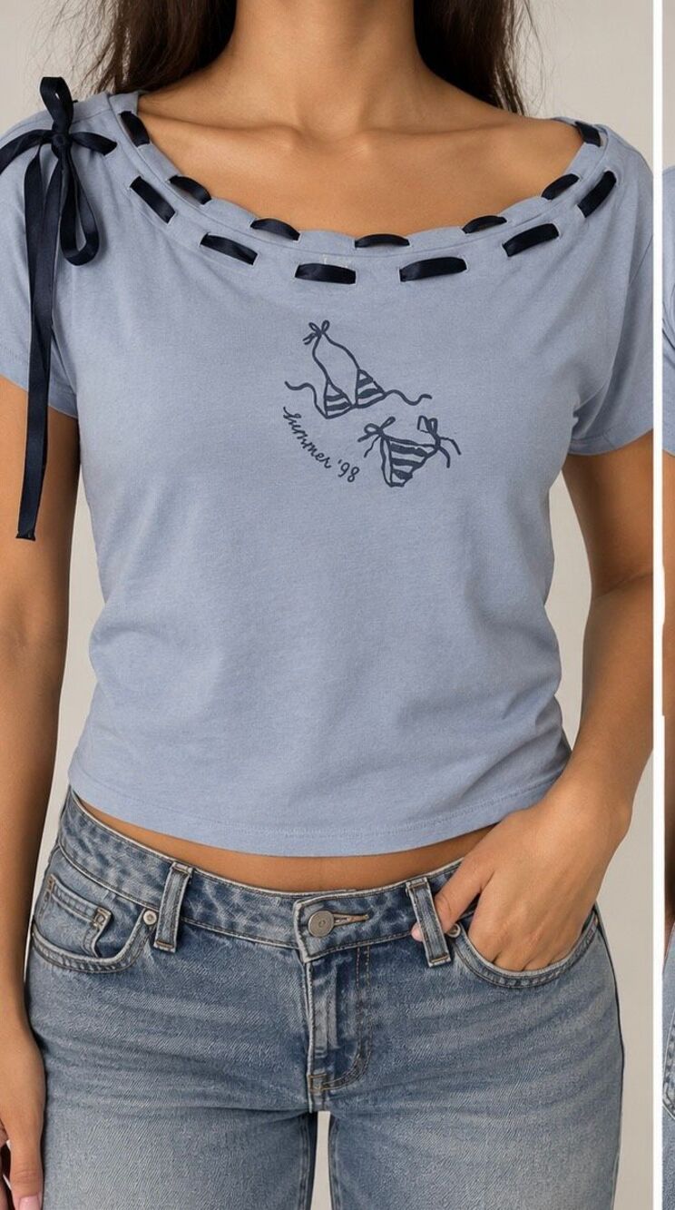 Hollister Size L Blue Ribbon Lace Up Baby Tee Summer 98 Y2K Coquette